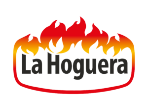 Logotipo de La Hoguera con llamas rojas y blancas para tienda de embutidos.